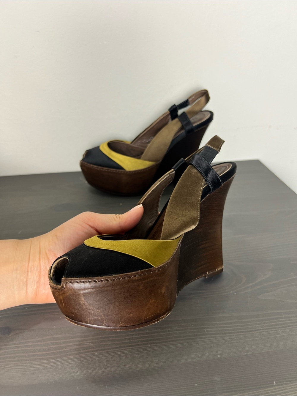 Marni Colorblock Platform Wedge Sandals Size 36 Black Yellow Peep Toe Heel - Picture 3 of 11